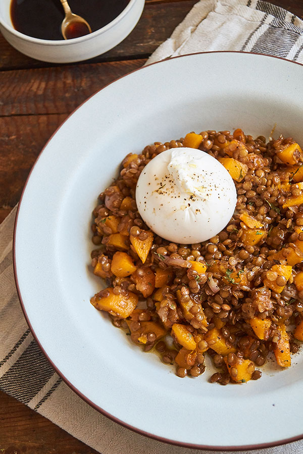 Lentilles au balsamique avec Burrata et courge