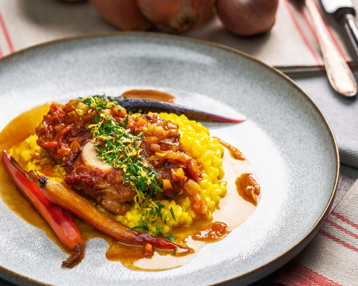 Ossobuco alla Milanese mit Safranrisotto und glasierten Möhren serviert auf einem grauen Steinzeugteller
