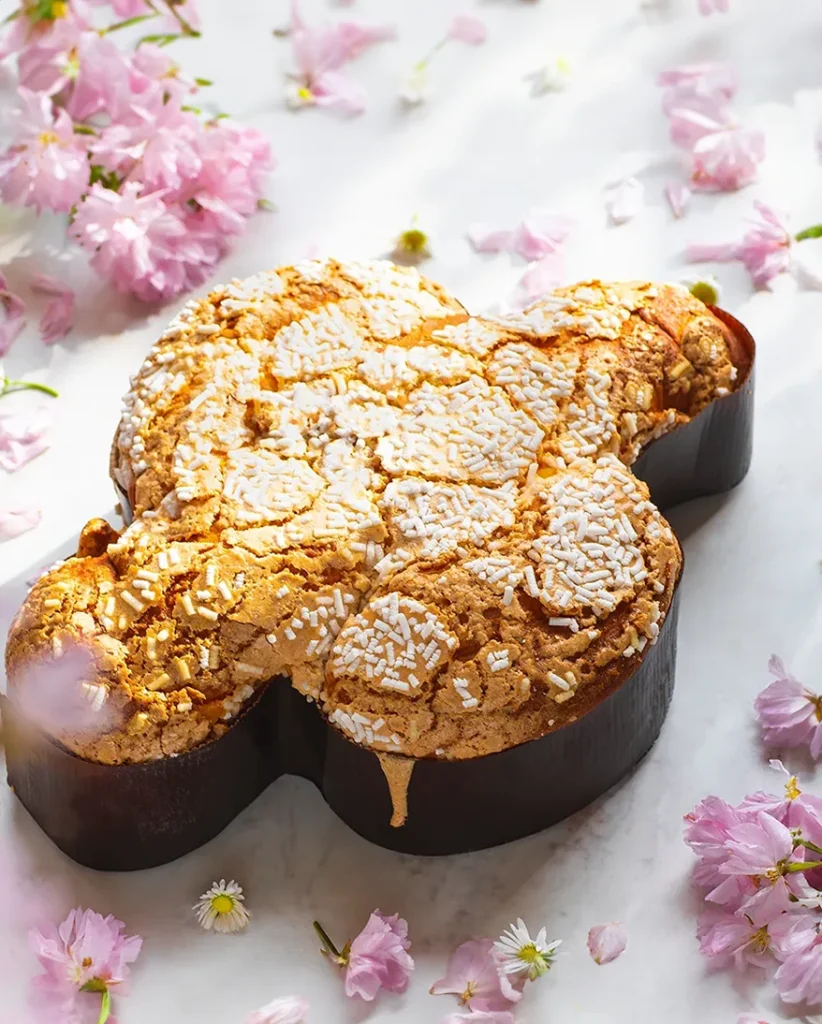 Colomba liegt auf einem hellen Tisch, umringt von sanften, rosa Blüten