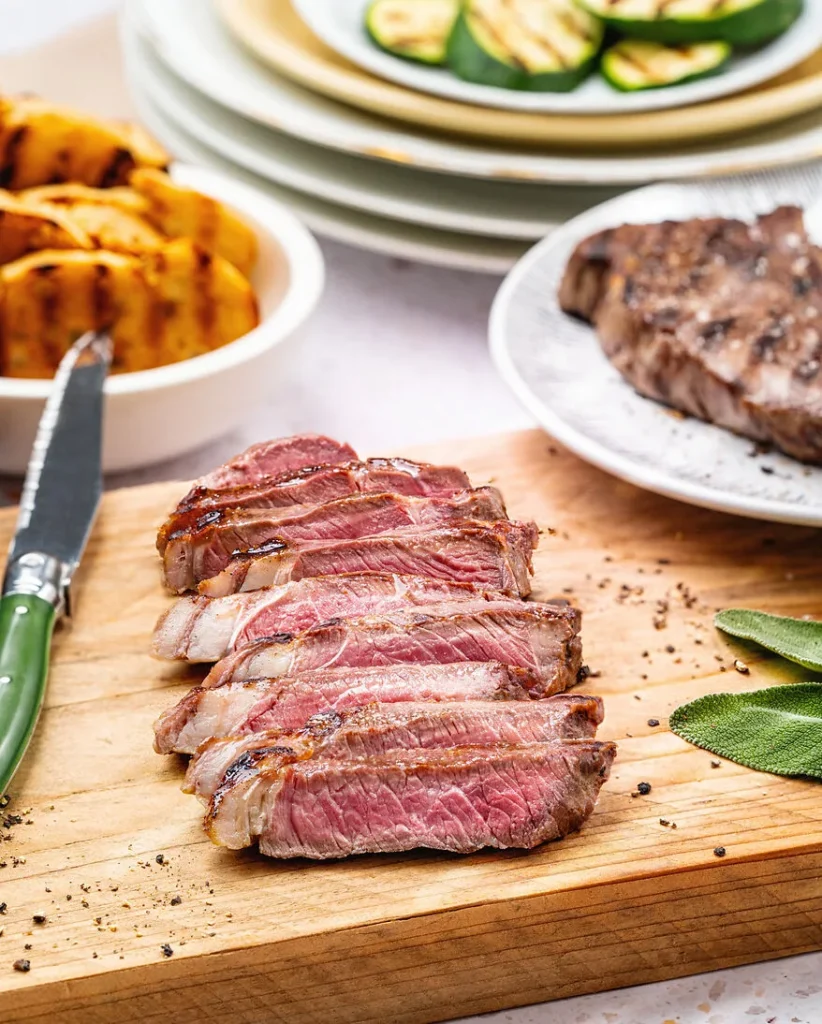 Entrecote Steak geschnitten und fertig serviert auf einem Holzbrettchen mit geröstetem Brot und Grillgemüse
