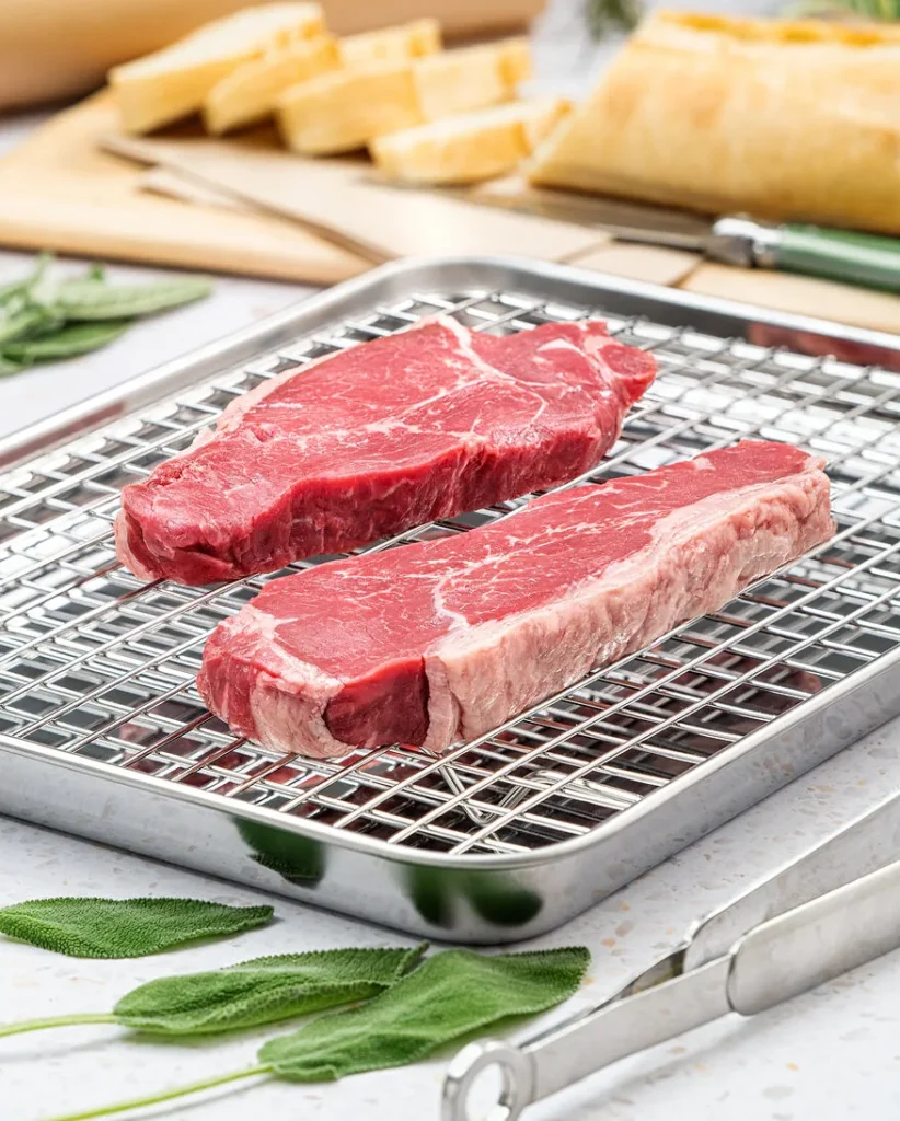 rohes Entrecote auf einem Rost, bereit fürs Braten