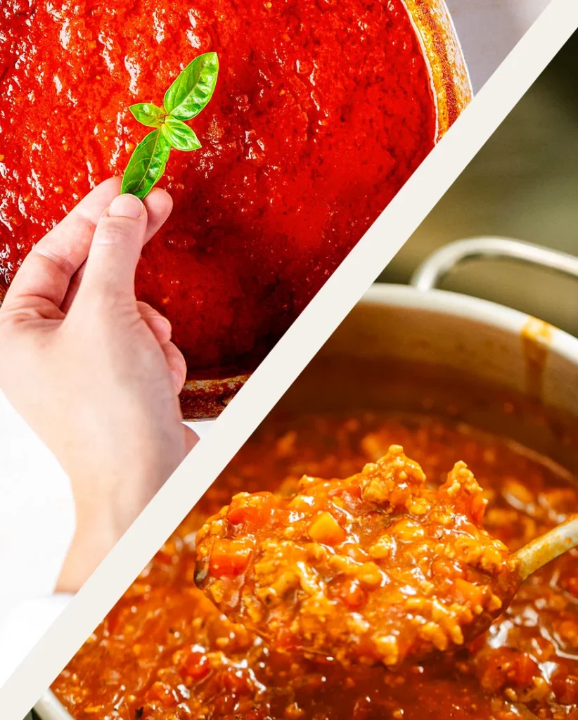 Vergleichsbild: in der linken oberen Ecke ist ein frisch gekochtes Sugo zu sehen, welches von einer Hand mit ein paar Blättern Basilikum garniert wird;  in der unteren rechten Ecke ist ein Kochtopf zu sehen, in dem ein Ragu langsam vor sich hin köchelt