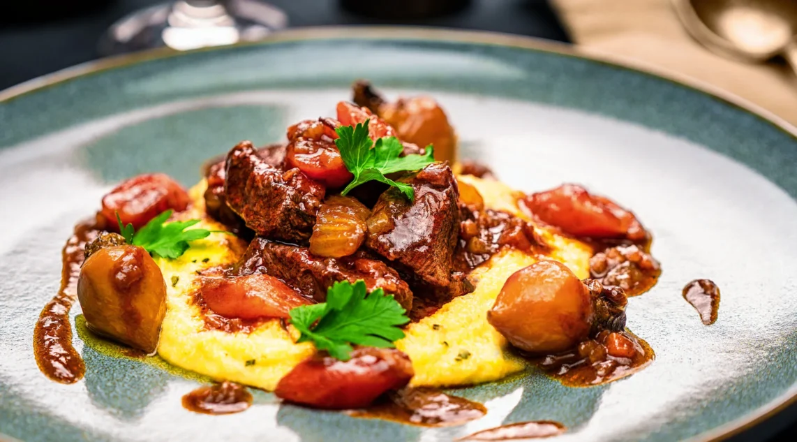 Rezept: Spezzatino di Manzo – italienisches Gulasch auf Polenta mit Rosmarin. Auf einem blauen Steinzeug Teller angerichtet. Im Hintergrund steht ein Rotweinglas und eine Pfeffermühle
