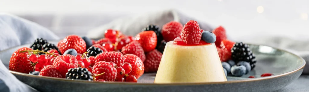 vegetarische Panna Cotta auf einem Teller mit vielen Waldbeeren serviert
