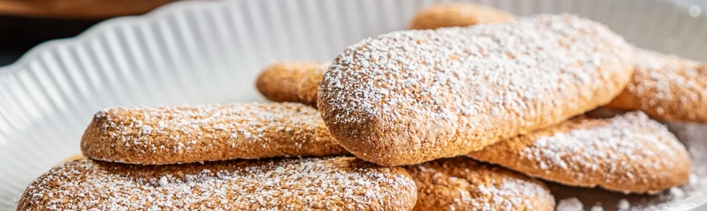 Nahaufnahme der italienischen Savoiardi: Man erkennt die stabile Struktur und die Größenverhältnisse