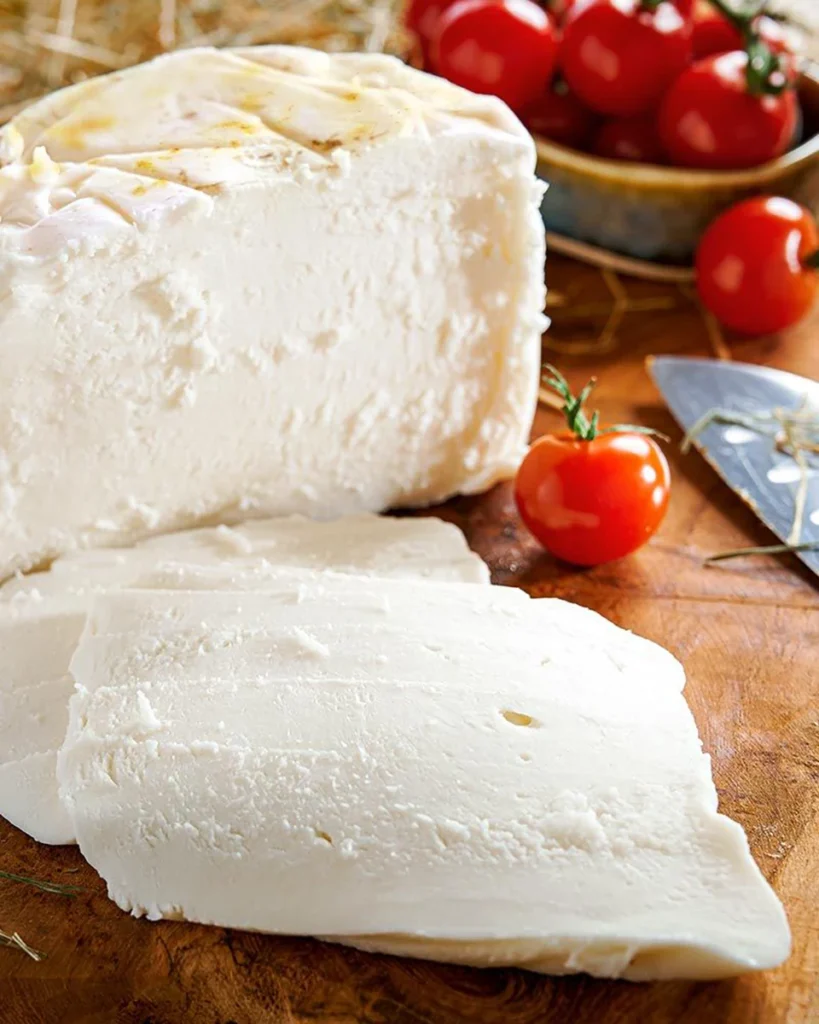 aufgeschnittener geräucherter Provola-Käse auf einem Brettchen mit kleinen Tomaten im Hintergrund