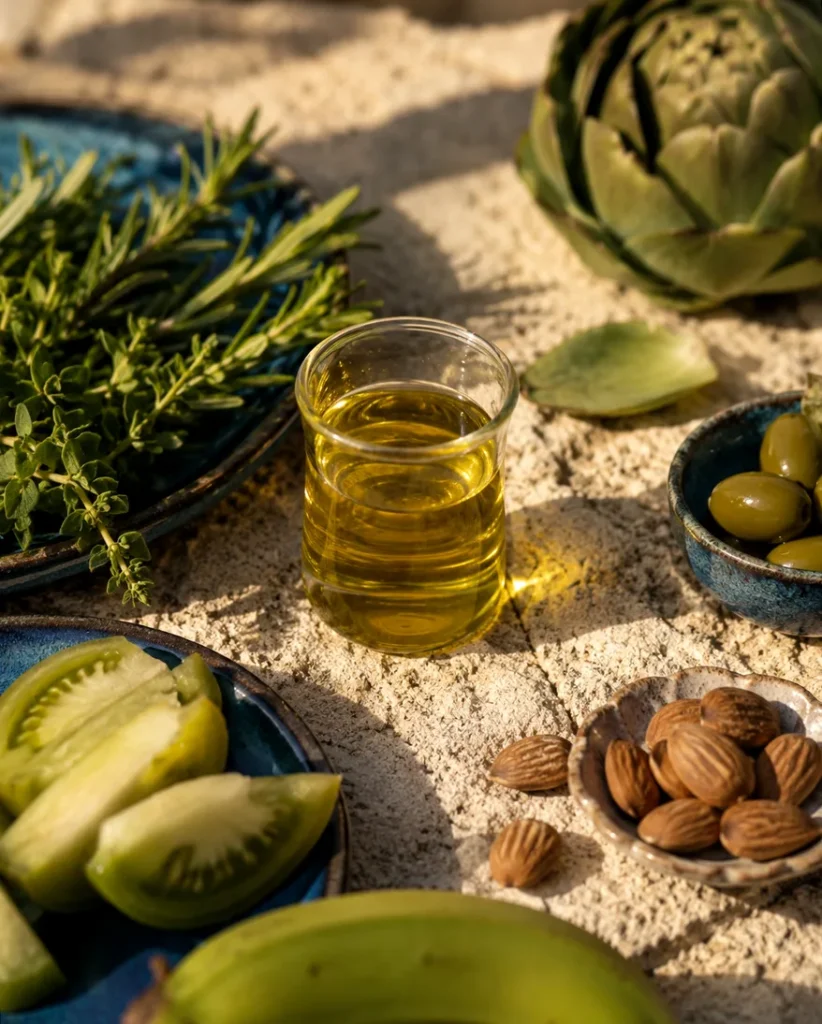 Ein Glas Olivenöl steht auf einer Steinplatte umringt von frischen Kräutern, grünen Bananen, grünen Tomaten, Mandeln, einer Artischoke und einer Schale mit grünen Oliven