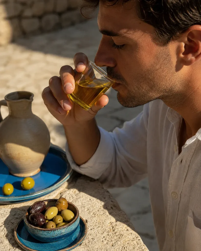 Der Mann setzt das Glas mit dem Olivenöl an die Lippen und setzt zum trinken an.