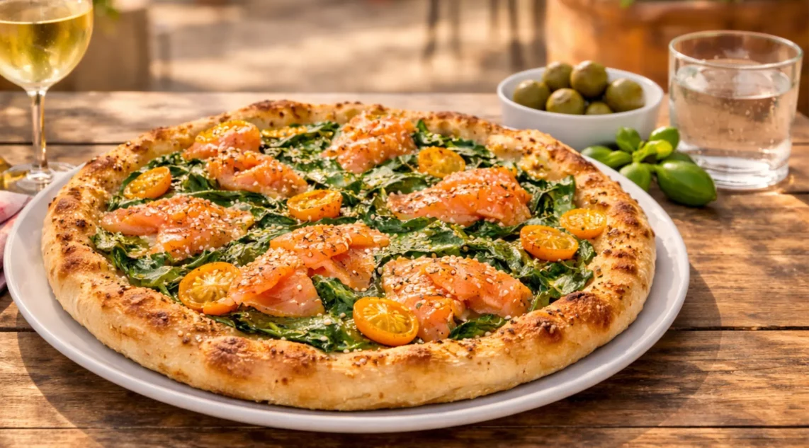 Rezept: Gourmet-Pizza mit Spinat, Lachs, gelben Tomaten und Sesam