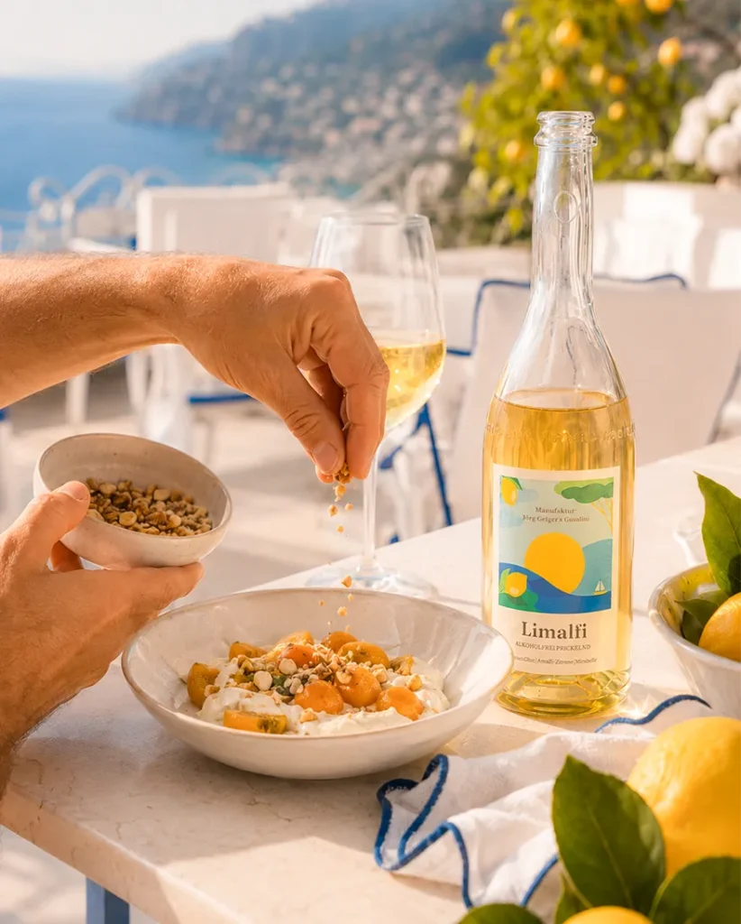 Cremige Stracciatella mit warmen Mirabellen und gehackten Haselnüssen, serviert mit einem Glas und einer geöffneten Flasche Limalfi.