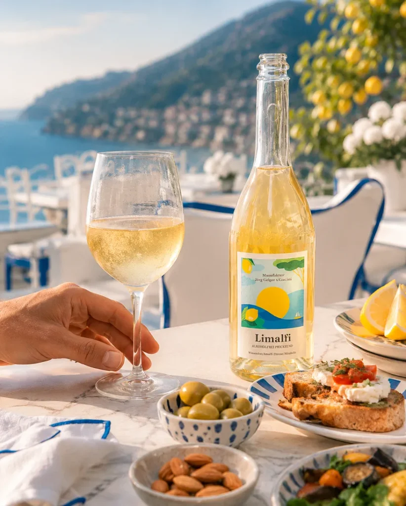 Geöffnete Limalfi-Flasche mit gefülltem Glas, Oliven, Mandeln, Crostini und Zitronen auf einer sonnigen Terrasse an der Amalfiküste.