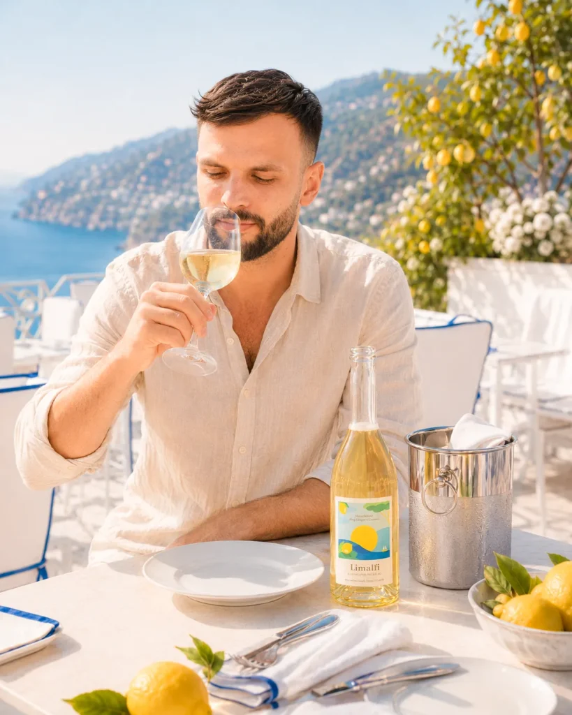 Franz riecht an einem Glas Limalfi, umgeben von Zitronen und Blüten auf einem sonnigen Terrassentisch.
