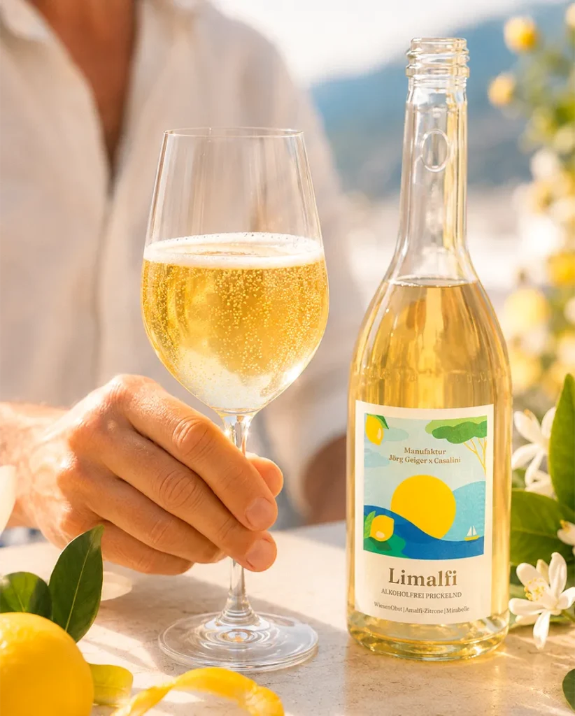 Nahaufnahme eines fein perlenden Glases Limalfi mit leichter Schaumkrone; daneben stehen die geöffnete Flasche, Zitronen und weiße Blüten.