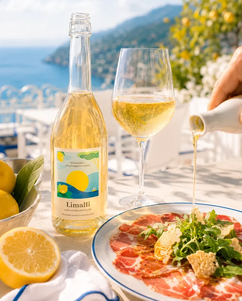 Capocollo-Carpaccio mit Rucola und Pecorino-Chips wird mit Dressing verfeinert, begleitet von einem Glas und einer geöffneten Flasche Limalfi.