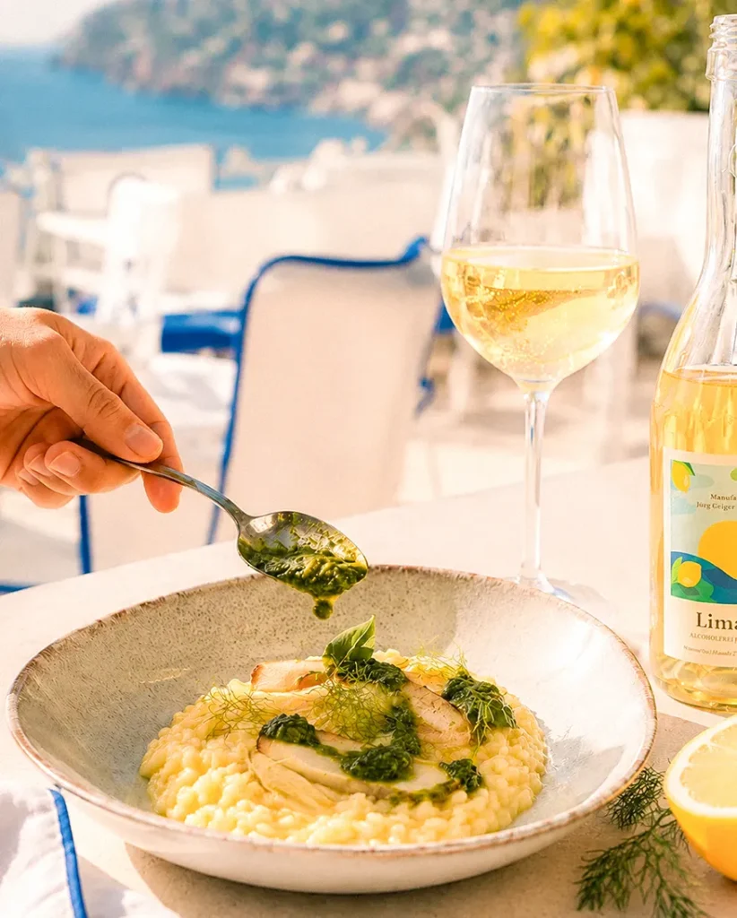 Cremiges Zitronenrisotto mit geschmortem Fenchel und Basilikumpesto neben einem Glas und einer geöffneten Flasche Limalfi auf einer sonnigen Terrasse.