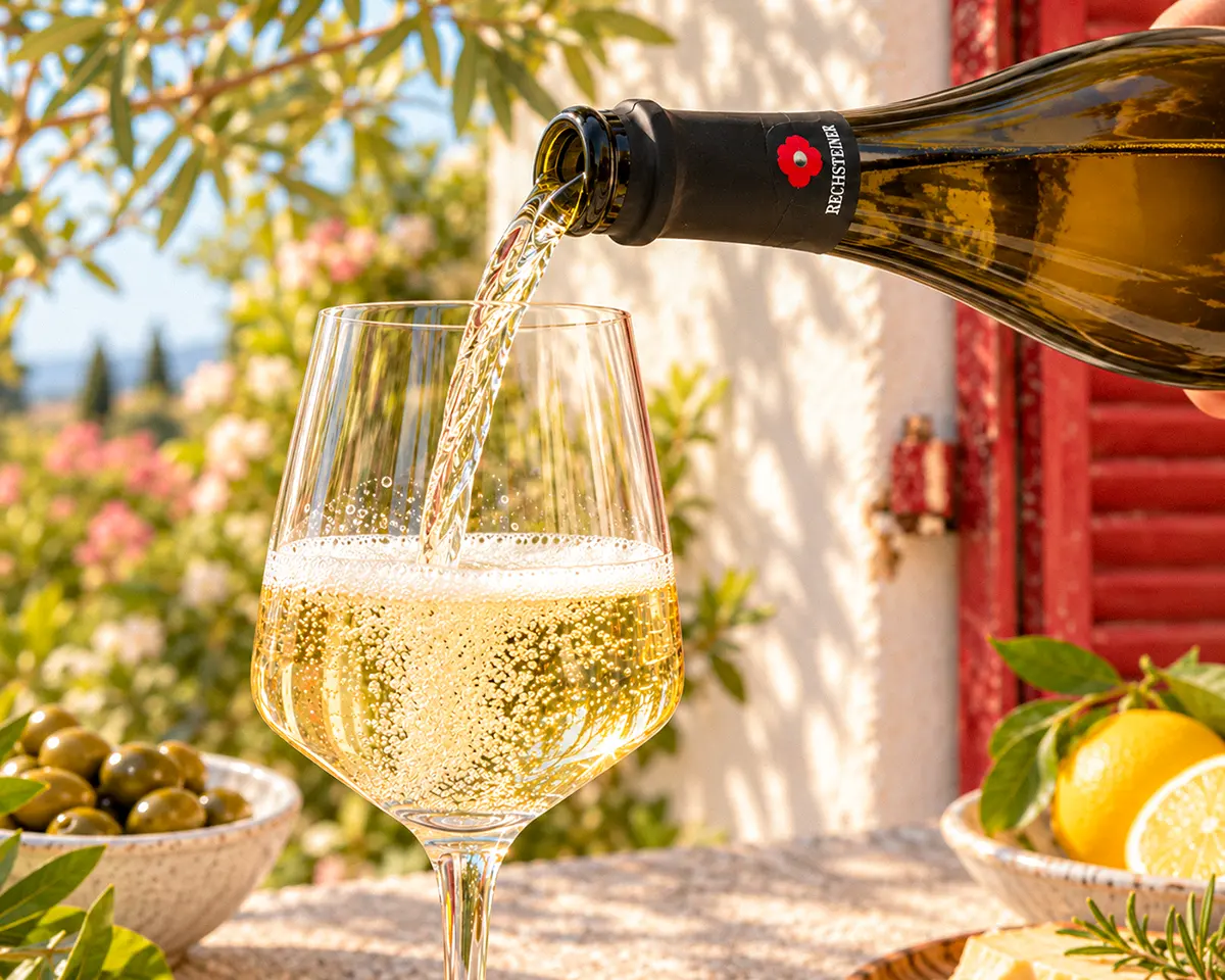 Nahaufnahme beim Einschenken von Rechsteiner Prosecco Frizzante: Hellgelber Perlwein fließt aus der geöffneten Flasche in ein Glas mit aufsteigenden Bläschen.
