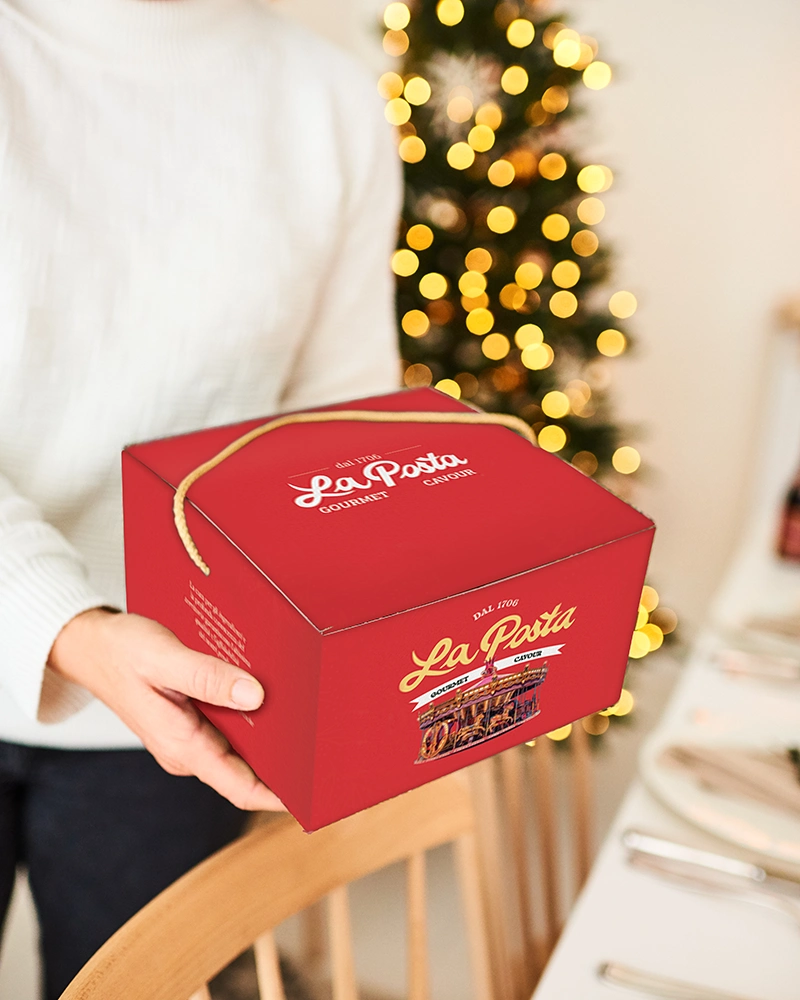 Panettone mit Schokolade - im Geschenkkarton – mit Schokoladenstücken, Panettone ausgepackt mit Verpackung