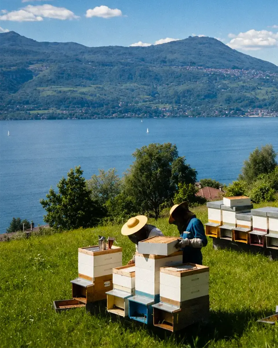 Zwei Imker pflegen im Sommer ihre Bienenstöcke auf einer grünen Wiese mit Blick auf den Lago Maggiore und die umliegenden Berge.