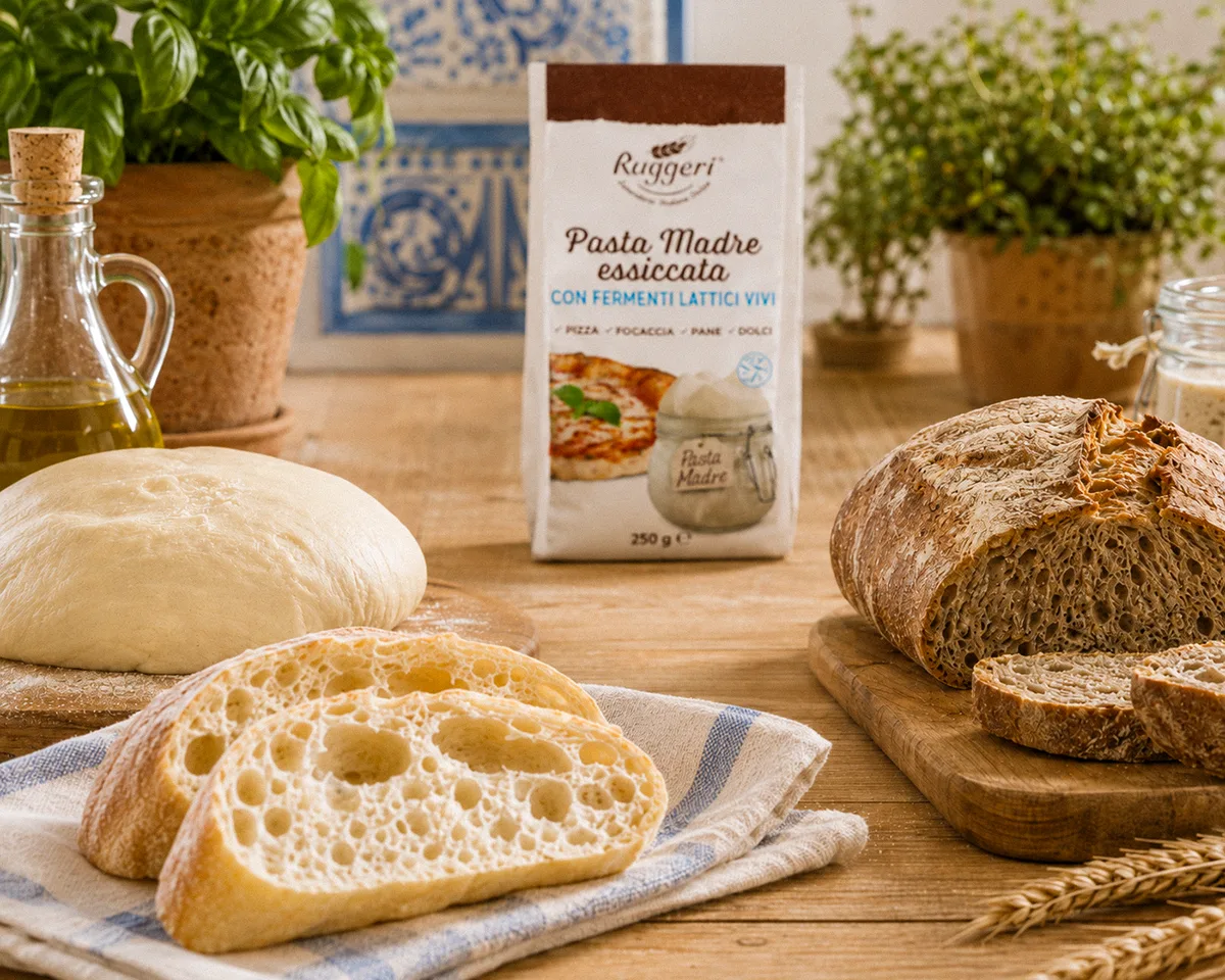 Luftiges helles Brot mit Lievito Madre neben rustikalem Sauerteigbrot und aufgegangenem Teig in mediterraner Backküche