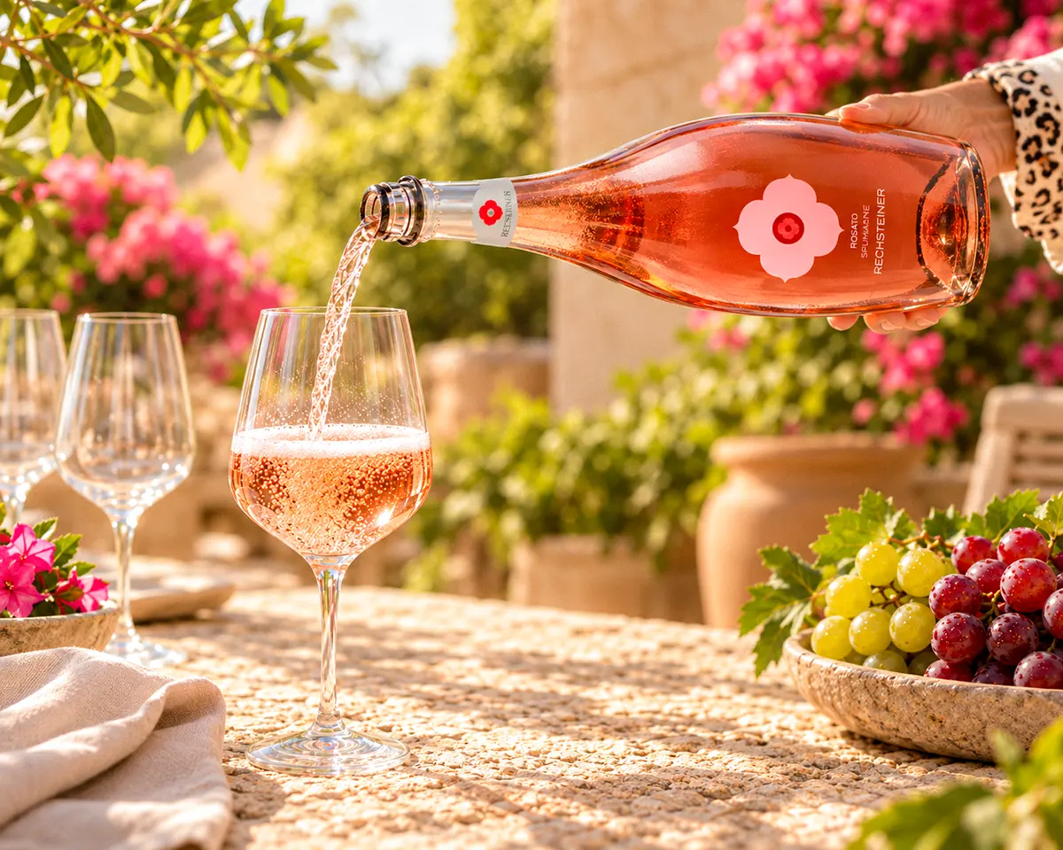 Rechsteiner Prosecco Rosato wird in ein Weinglas eingeschenkt, umgeben von mediterranen Pflanzen, Blüten und warmem Sonnenlicht in einer sommerlichen Gartenszene.
