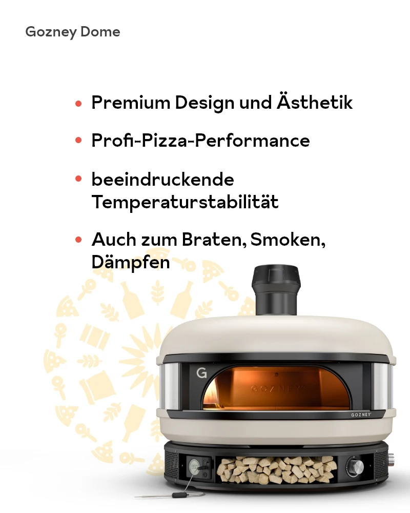 Gozney Dome Dual-Fuel – Premium Pizzaofen (Gas & Holz) – mit passenden Accessoires arrangiert